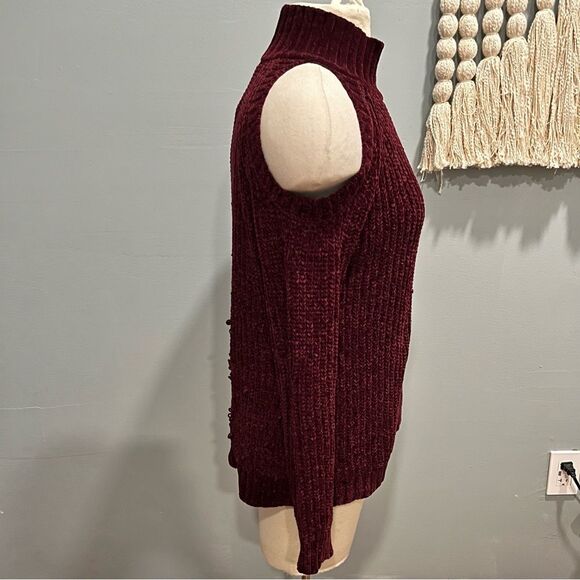 Design Lab Lord & Taylor Burgundy Chunky Knit Cold Shoulder Sweater Size XS - Picture 3 of 7